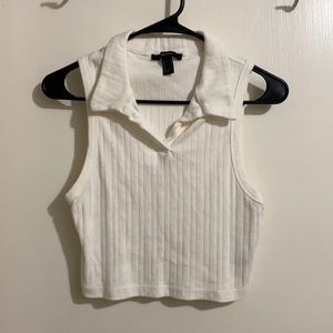 White sleeveless collared ribbed crop top